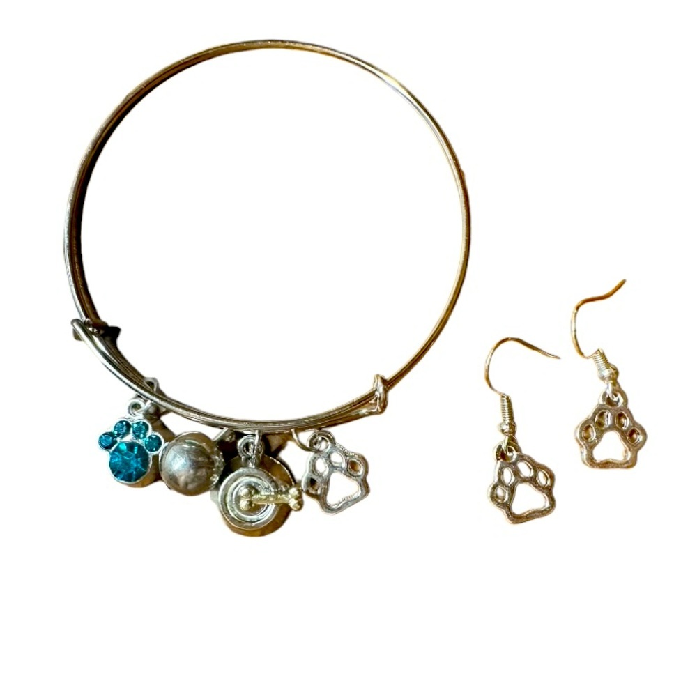 Dog paw charm bracelet & earrings set